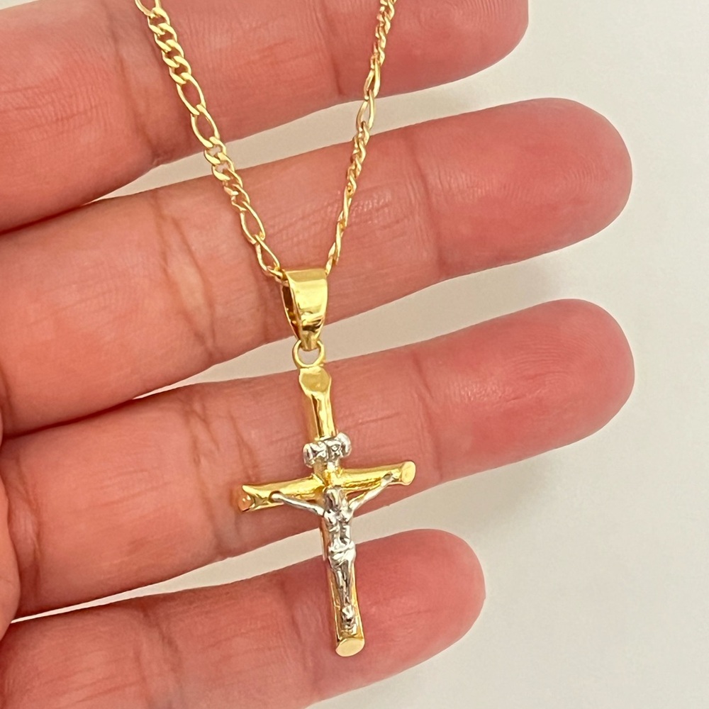 Gold Two-Tone Crucifix Necklace - Women's Religious Pendant